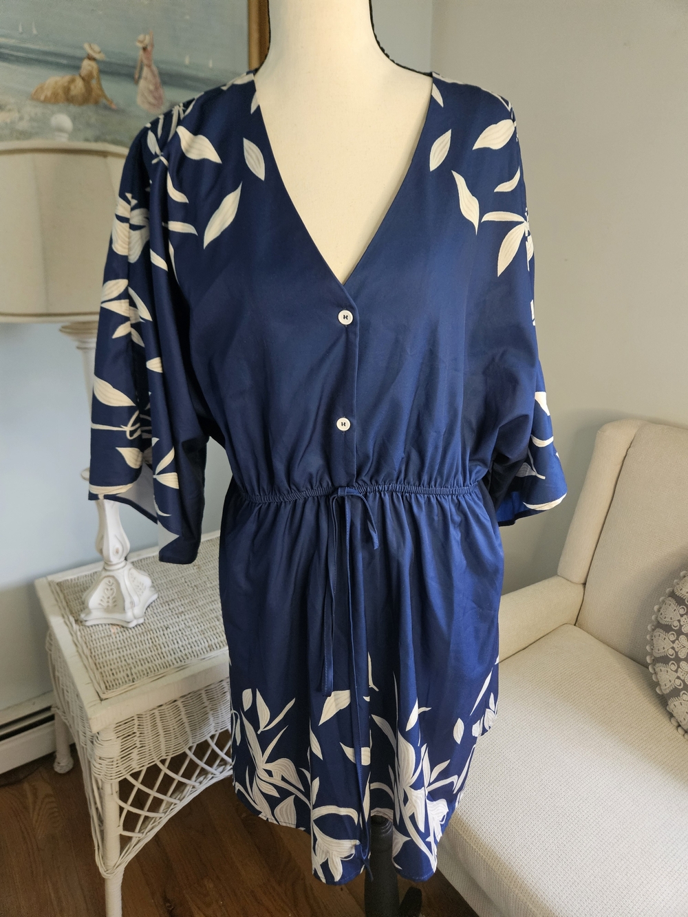 SHEIN Navy Blue & White Floral V-Neck Drawstring Mini Dress